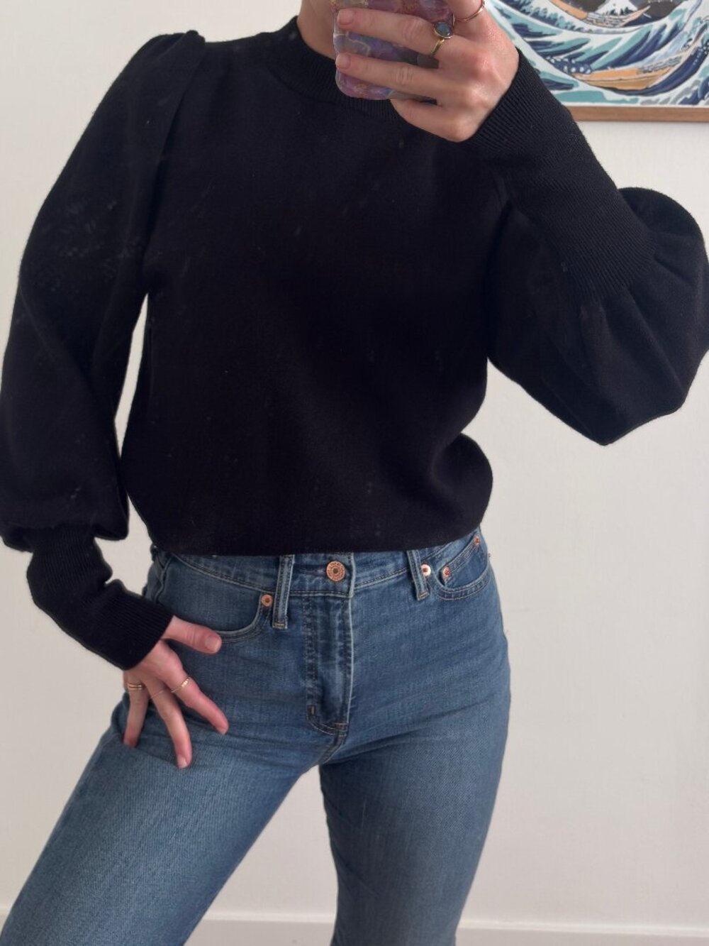 Zara Puff Sleeve Knit Sweater Black Ribbed Pullover